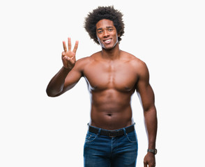 Afro american shirtless man showing nude body over isolated background showing and pointing up with fingers number three while smiling confident and happy.