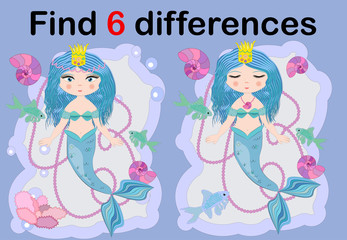 Find the difference the two illustration with sea mermaid. Children funny riddle entertainment.