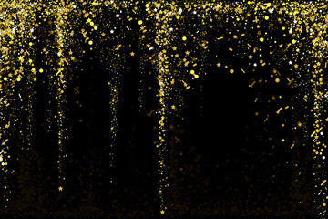Gold glitter confetti texture on a black background. Golden explosion of confetti. Golden grainy dust abstract texture on a black background. Christmas background design element. Vector illustration.