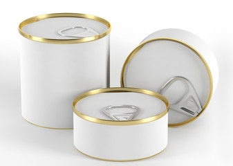 3 blank white 3D-models of cans with curved label and top inset for your design mockup