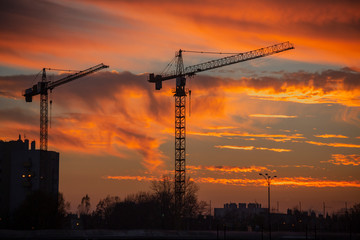 Silhouette of two construction cranes in front of sunset