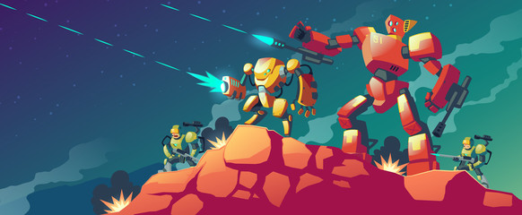 Vector cartoon illustration with robot war on alien planet, Mars. Landscape with combat robots. Battle androids, artificial intelligence in protective armor. Game background. Modern military concept.