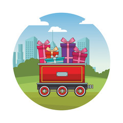 Naklejka premium Train wagon with gift boxes