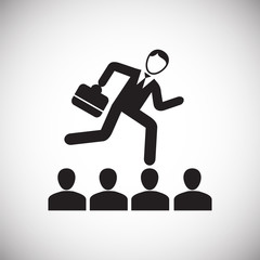 Businessman runs on contestants heads on white background icon