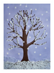 Collage - a tree covered with snow, under it snow, a blue background and snowflakes