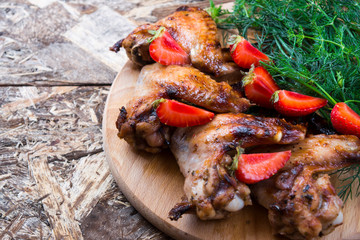 barbecue chicken wings close up on wooden tray shot with selective focus. Still life of food. Bbq concept. Meat and strawberry. Buffalo wings