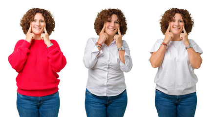 Collage of middle age senior woman over white isolated background Smiling with open mouth, fingers pointing and forcing cheerful smile