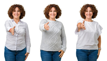 Collage of middle age senior business woman wearing white t-shirt over white isolated background smiling friendly offering handshake as greeting and welcoming. Successful business.