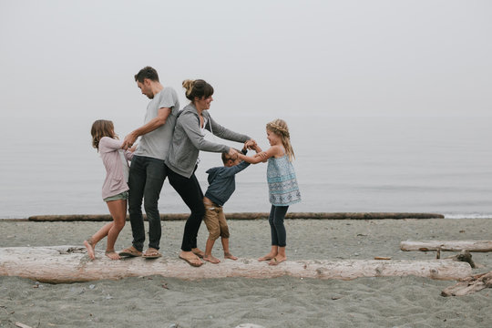 fun family hanging out on log together at the beach - cloudy day