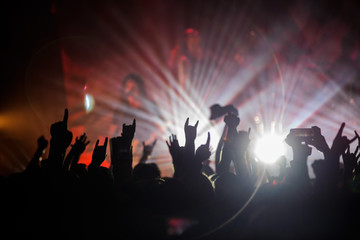 Fototapeta na wymiar Hands raised in the air showing a heavy metal rock sign on concert