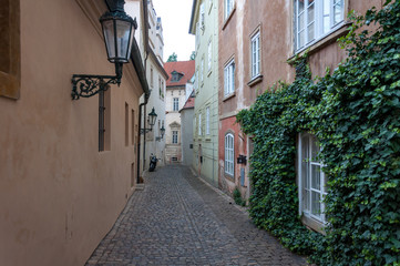 View of a narrow medieval street with ancient lanterns and a wall covered with ivy.
