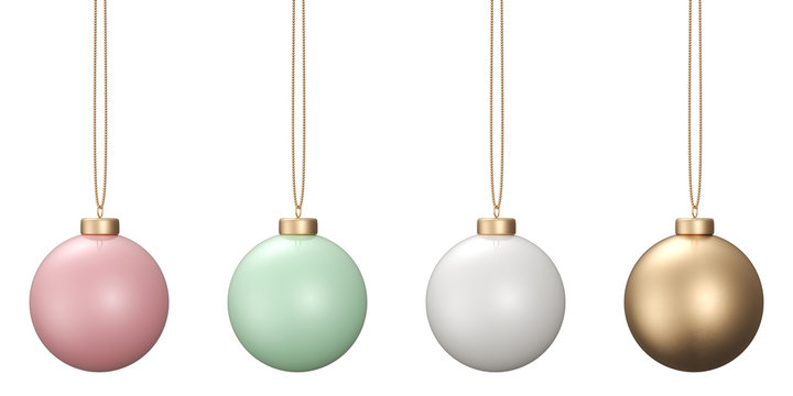 3D rendering of christmas ball set in pastel colors hanging isolated on white background