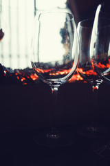 Restaurant glass of water on table. Dark tone