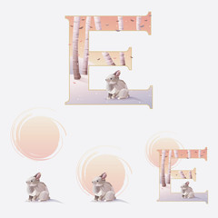Illustrated letter e in a Christmas winter theme with a cute rabbit among birch trees and snow