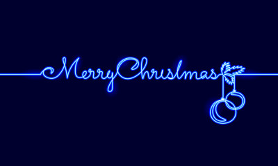 Merry Christmas single continuous line art. Holiday greeting card decoration christmas tree ball lettering silhouette concept design one sketch outline drawing vector illustration