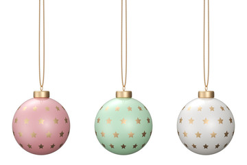 3D rendering of star patterned christmas ball set in pastel colors hanging isolated on white background