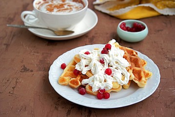 Delicate dessert waffles on a white plate with whipped cream and berries.