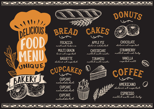 Bakery food menu template for restaurant with chefs hat lettering.