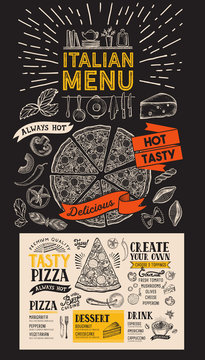 Pizza menu for italian restaurant. Vector food flyer for bar and cafe. Design template with vintage hand-drawn illustrations.