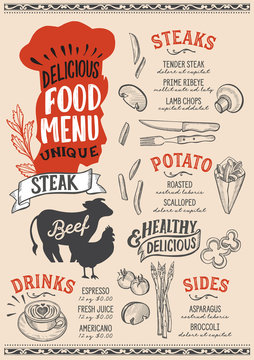 Steak food menu template for restaurant with chefs hat lettering.