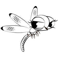 Cartoon monochrome dragonfly.  Black and white comical flying adder