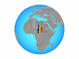 Chad with national flag on blue political globe. 3D illustration isolated on white background.