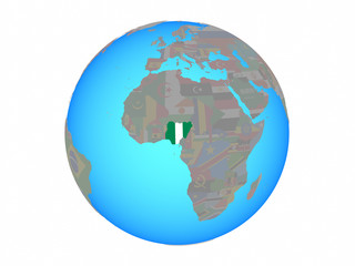 Nigeria with national flag on blue political globe. 3D illustration isolated on white background.