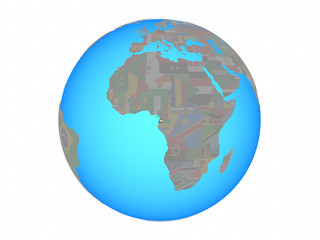 Equatorial Guinea with national flag on blue political globe. 3D illustration isolated on white background.