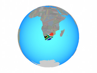 South Africa with national flag on blue political globe. 3D illustration isolated on white background.