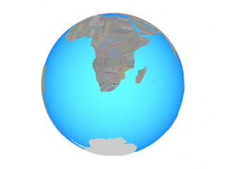 Lesotho with national flag on blue political globe. 3D illustration isolated on white background.