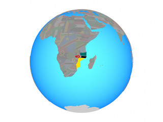 Mozambique with national flag on blue political globe. 3D illustration isolated on white background.