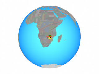 Zimbabwe with national flag on blue political globe. 3D illustration isolated on white background.