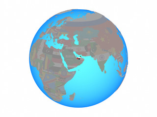 United Arab Emirates with national flag on blue political globe. 3D illustration isolated on white background.