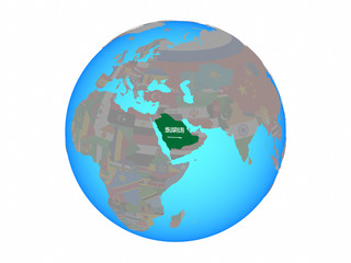 Saudi Arabia with national flag on blue political globe. 3D illustration isolated on white background.
