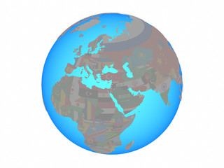 Lebanon with national flag on blue political globe. 3D illustration isolated on white background.