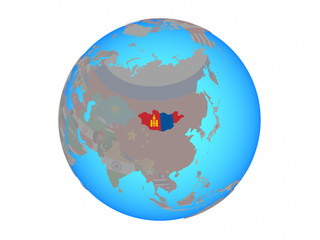Mongolia with national flag on blue political globe. 3D illustration isolated on white background.