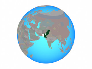 Pakistan with national flag on blue political globe. 3D illustration isolated on white background.