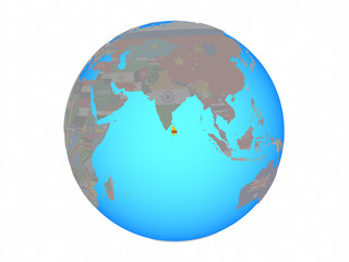 Sri Lanka with national flag on blue political globe. 3D illustration isolated on white background.