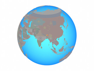 Bhutan with national flag on blue political globe. 3D illustration isolated on white background.