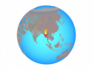 Myanmar with national flag on blue political globe. 3D illustration isolated on white background.