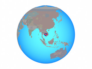 Cambodia with national flag on blue political globe. 3D illustration isolated on white background.