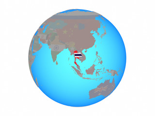 Thailand with national flag on blue political globe. 3D illustration isolated on white background.