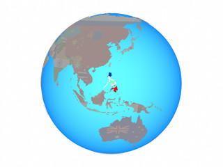 Philippines with national flag on blue political globe. 3D illustration isolated on white background.