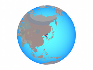 North Korea with national flag on blue political globe. 3D illustration isolated on white background.