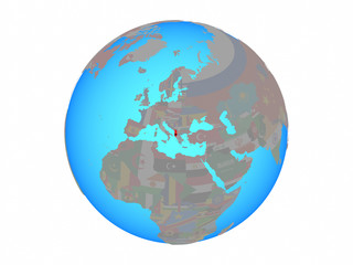 Albania with national flag on blue political globe. 3D illustration isolated on white background.