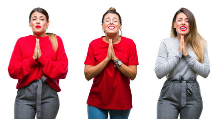 Collage of young beautiful woman over isolated background begging and praying with hands together...