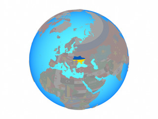 Ukraine with national flag on blue political globe. 3D illustration isolated on white background.