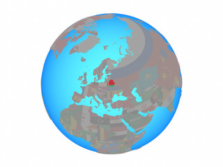 Belarus with national flag on blue political globe. 3D illustration isolated on white background.