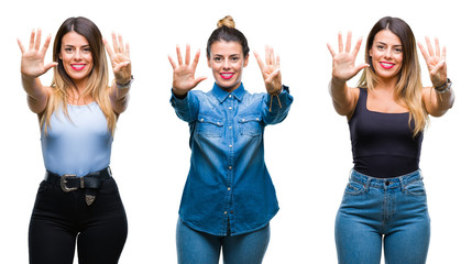 Obraz premium Collage of young beautiful woman over isolated background showing and pointing up with fingers number nine while smiling confident and happy.