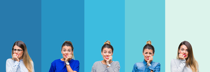 Collage of young beautiful woman over blue stripes isolated background looking stressed and nervous with hands on mouth biting nails. Anxiety problem.